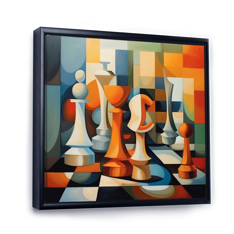 Chaos structuré orange et bleu sur toile, H 16 po x l 16 po x P 1 po, Cadre flottant noir