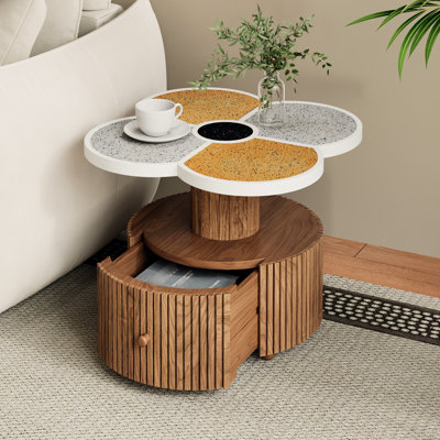 Table d'appoint en trèfle à quatre feuilles, style nordique, avec tiroir coulissant et âme en bois haute densité. Parfait pour les espaces douillets et contemporains.