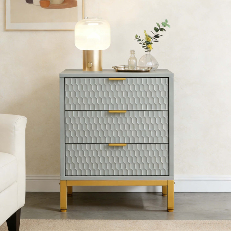 Modern Bedside Table Nightstand with 3 Drawers, Gray & Gold