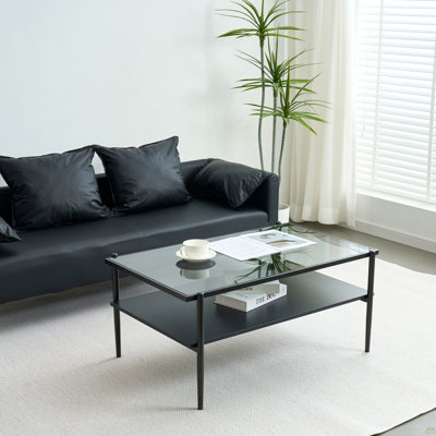 Table basse rectangulaire avec plateau en verre trempé et pieds noirs, table moderne