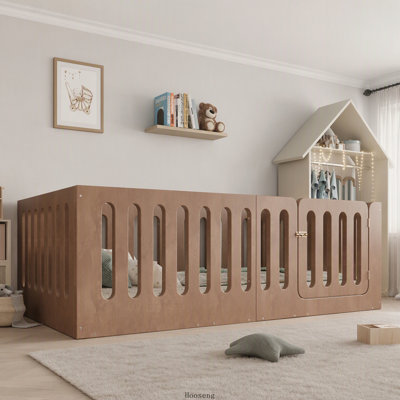 Twin Solid Wood Montessori Floor Bed with High Fence & Access Door, Deep Natural, Toddler Floor Bed, No Box Spring Needed