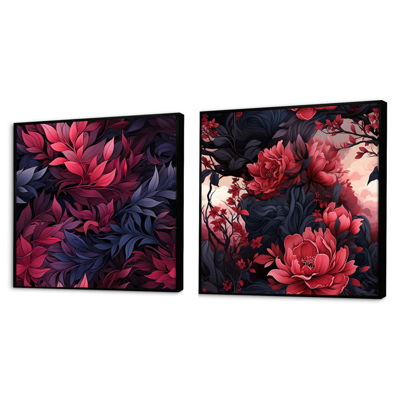 Yarber - Ensemble de 2 collages carrés botaniques abstraits, Cadre flottant noir, H 16 po x l 33 po