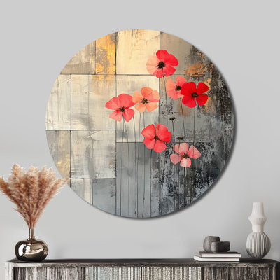 Fleurs de géraniums sur pierres - art mural rond en métal, géraniums traditionnels, rouge