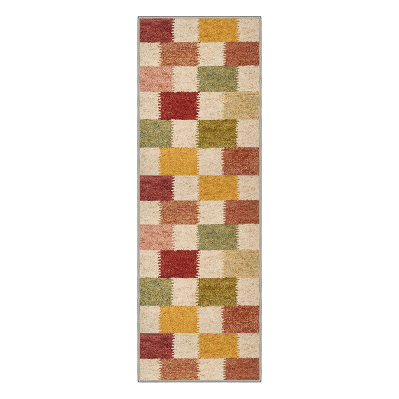 Tessera Checkered Machine Washable Pink / Beige / Yellow / Green Indoor Area Rug with Non-Slip Backing, Runner 2'6" x 8'