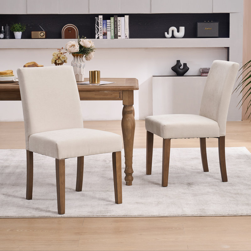 Fabric Upholstered Dining Chairs High Back Parsons Kitchen Chairs With Solid Wood Feet, Beige