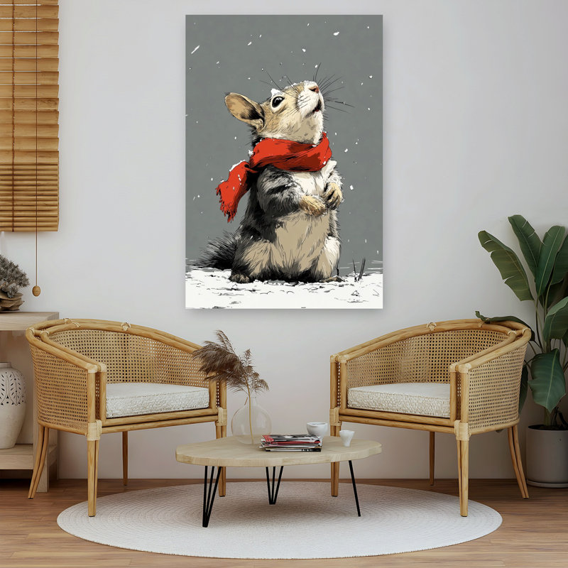 Cozy Chipmunk Snowfall Playful Abstract Contemporary Squirrel Forest Nature Wall Art Print 1 Piece Wrapped Canvas Wall Art