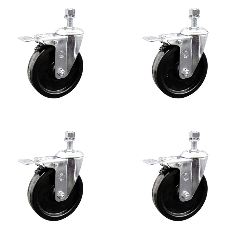 Ensemble de roulettes à tige filetée pivotante de 5 po avec frein verrouillable total de 12 mm