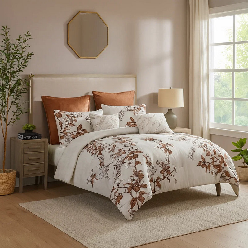 Jenya, imprimé floral orange épice, blanc, Édredon pour grand lit + 2 taies décoratives pou
