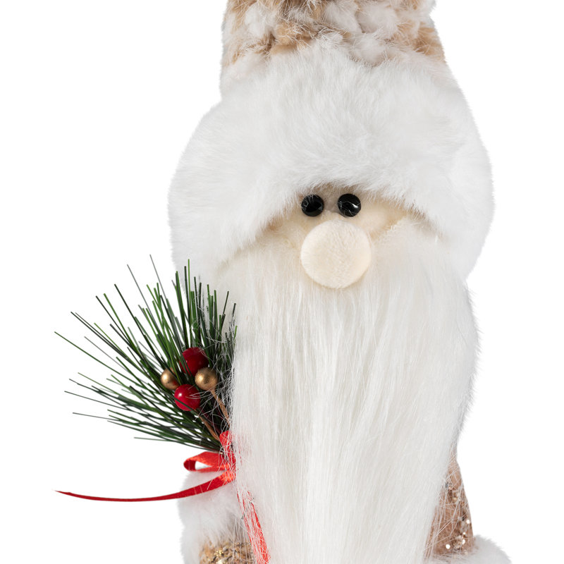 Santa Gnome Holding Pine Sprigs In Plush Winter Hat Christmas Figure - 19"