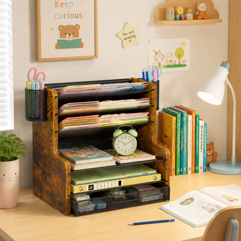 Organisateur de bureau en filet à 6 niveaux avec tiroir et rangement de bureau en bois