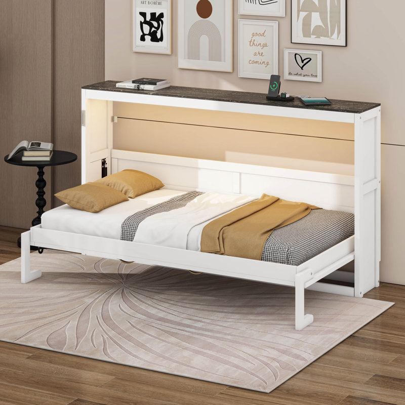 Lit escamotable simple avec lumière DEL, peut être plié dans une armoire, Blanc/brun