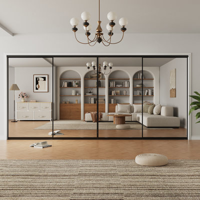 144"x80" Room Divider​ Black Aluminum Frame Tempered Mirror Sliding Closet Door With Hardware Kit 4 Panels Closet And Room Divider​