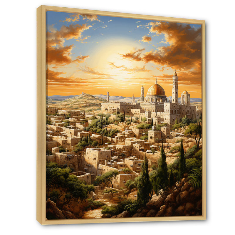 Judaïsme, paysage urbain de Jérusalem I - Judaïsme, art mural, Cadre flottant érable, H 32 po x l 24 po x P 1 po