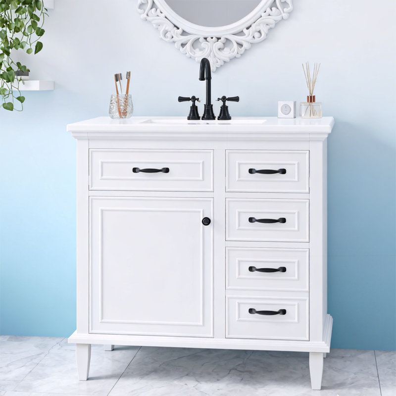Meuble-lavabo de salle de bain avec comptoir en céramique, Noir, Blanc