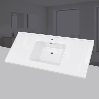 48 Inch Solid Surface Bathroom Vanity Top with Integrated Single Sink, Bright White 2" Thick Countertop, Raised Edge & Backsplash