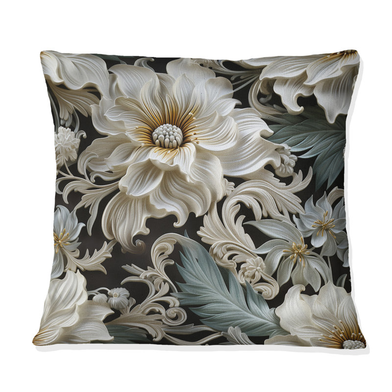 Coussin décoratif à motif floral exotique gris et blanc I, H 16 po x l 16 po