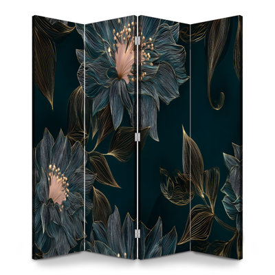 Cloison pliante 4 panneaux à motif de feuilles de chrysanthèmes élégantes et abstraites à la main