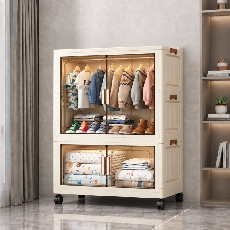 1+2 Pack Modular Stackable Storage Cabinet, Collapsible Storage Bins with Lids & Wheels, Clothes Hanging Storage Organizer for Bedroom Dorm, Transparent Large Capacity Clothes Storage Cabinet