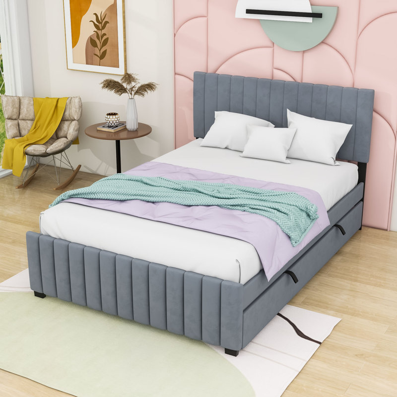 Lit plateforme tapissier en velours avec gigogne Elegant, Gray