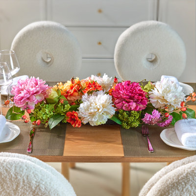 Élégant guirlande de pivoines artificielles 30 po et de dahlia - Chemin de table en soie fabriqué à la main et guirlande avec baies pour le mariage, le foyer et le linteau