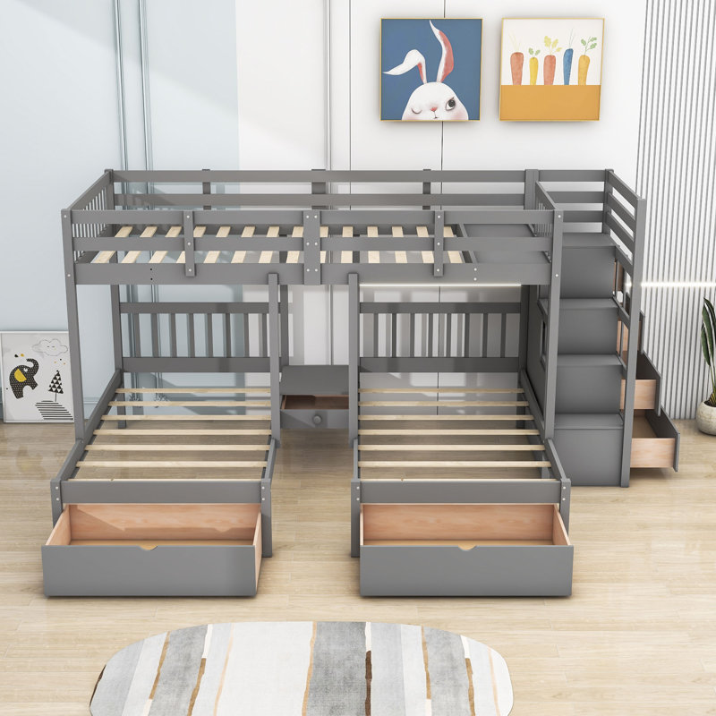 Erlingur Full Over Twin & Twin Wood Triple Bunk Bed with Shelf and Drawers, Gray