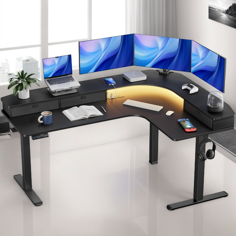 66" Height Adjustable L-Shaped Desk With Power Outlets and 3 Drawers, Black/Black