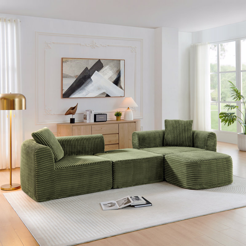 114" Cloud Sectional Couch With L-Shape Chaise, Modular Sofa With Movable Ottoman, Upholstered Couches, Green