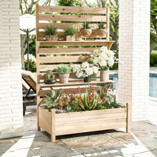 Outdoor Privacy Screen With Planter, 72.8" H X 26" W X 47.2" D, Solid Wood Freestanding Patio Privacy Divider With 2-tier Shelf, Natural