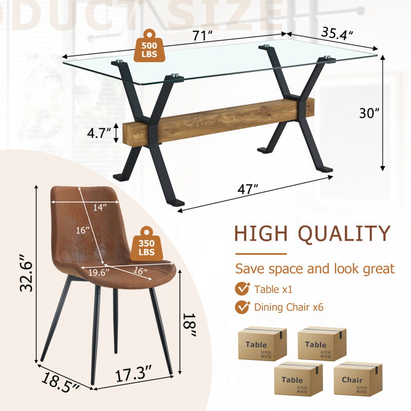 7-Piece Glass Top Dining Table Sets, Brown/Black