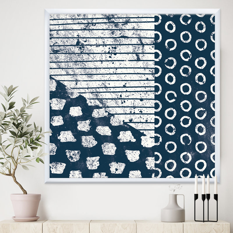 «Indigo Striples and Tile», reproduction sur toile encadrée, H 30 po x l 30 po x P 1 po, Cadre blanc