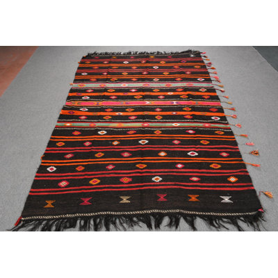 Vintage Turkish Kilim Handwoven Black with Vibrant Patterns for Bohemian Home Decor