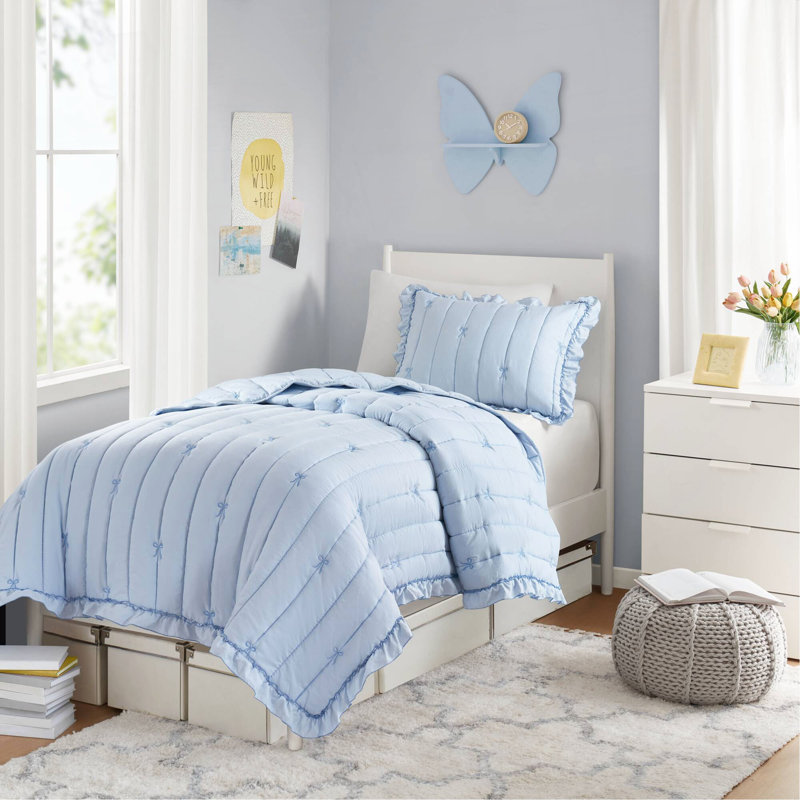 Ensemble de courtepointe 2 pièces 2 pièces, Courtepointe pour lit simple + 1 taie décorative, Blue
