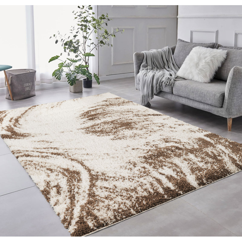 Serene Ivory & Brown Abstract Shag Modern Rug, Ivory/Brown, 4'10" x 8'0"