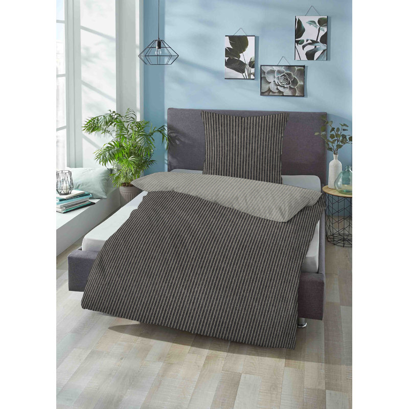 Cotton Striped Duvet Cover Set with Pillowcases Included, Titanium, 155 x 200cm - 1 Pillowcase (80 x 80cm)
