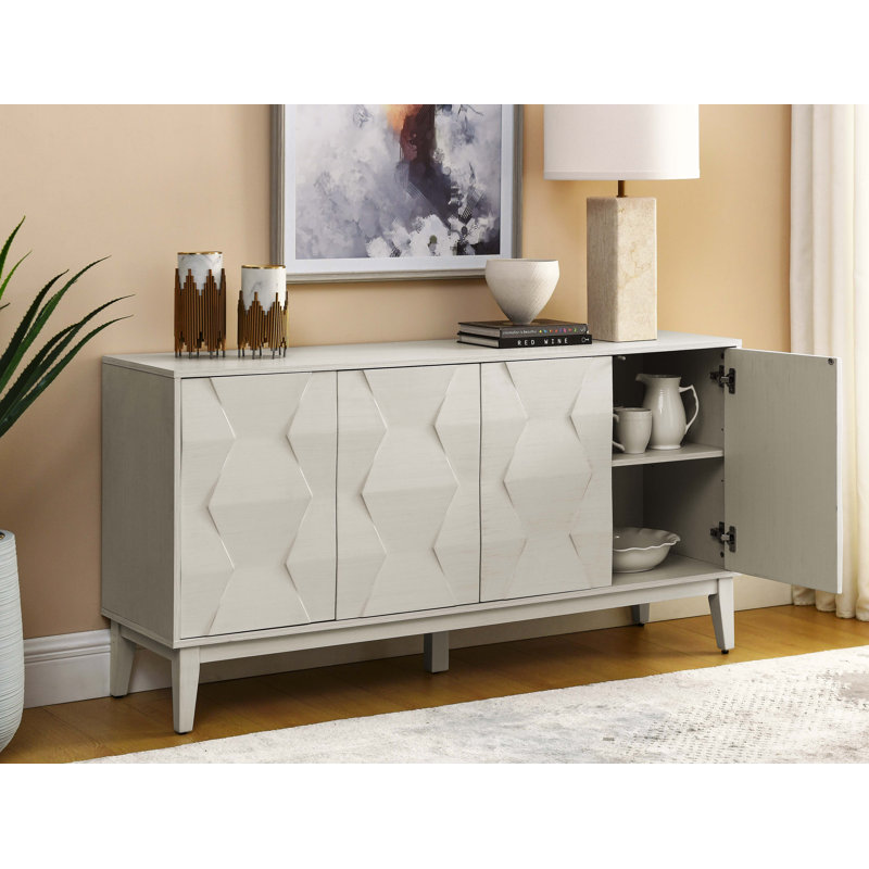 Buffet Mid-Century avec pieds en bois massif, Blanc