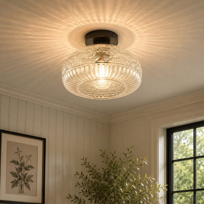 1-Light E26 Matte Black Metal Flush Mount with Clear Glass Shade, Dimmable, ETL Listed