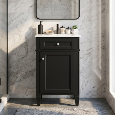 18-inch Bathroom Vanity with White Ceramic Sink, Black Freestanding Single Vanity Set with Soft Closing Door, Adjustable Shelf, French Style, Solid Feet, Iron Handle for Small Apartment