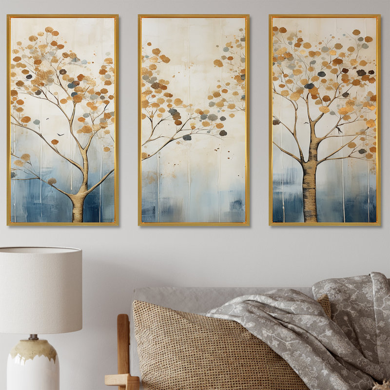 Ensemble de salon art mural arbre doré et bleu Harmony II, Cadre flottant doré, H 32 po x l 48 po x P 1 po