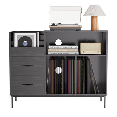 Record Player Stand With Power Outlet Black Wood Grain Modern Console For Living Room Music Storage by George Oliver