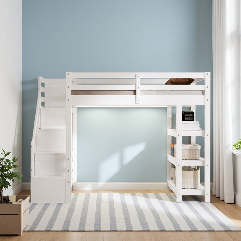 Loft Bed With Shelves, Storage Staircase, Small Wardrobe And White LED Light, Twin