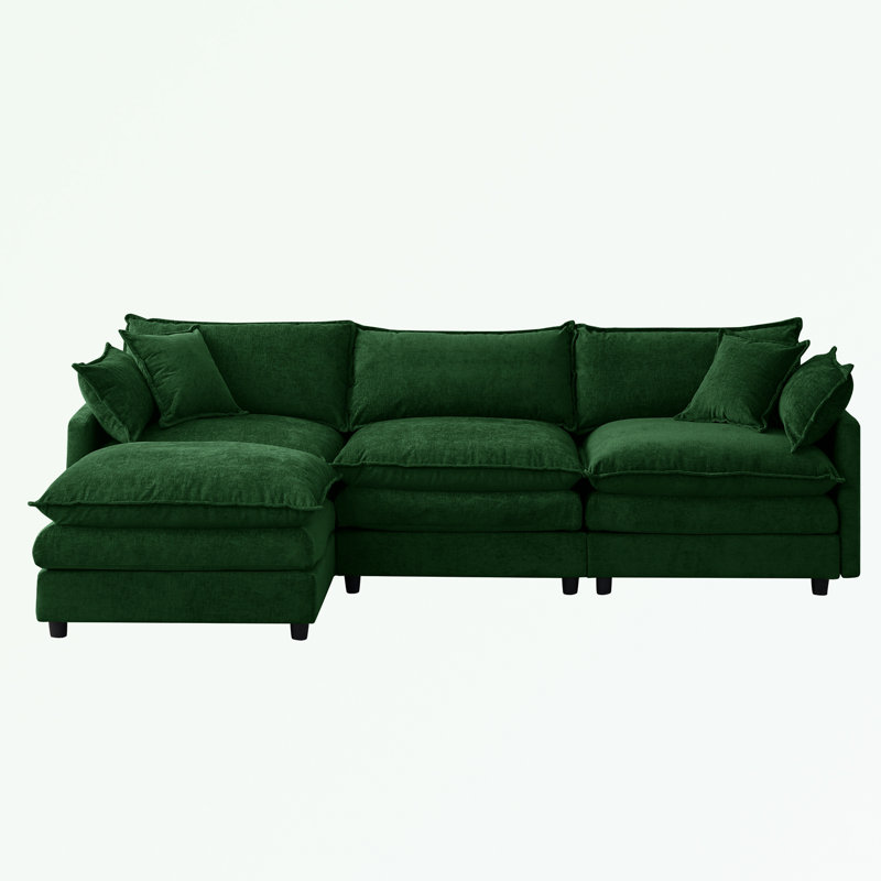 L Shape Chenille Fabric Sectional Sofa with Ottoman, Green Chenille