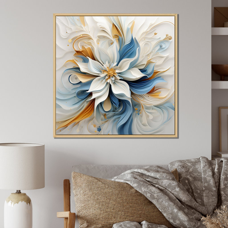 Abstrait fleur de magnolia blanc, bleu ambre - art mural fleurs, Cadre flottant érable, H 30 po x l 30 po x P 1 po