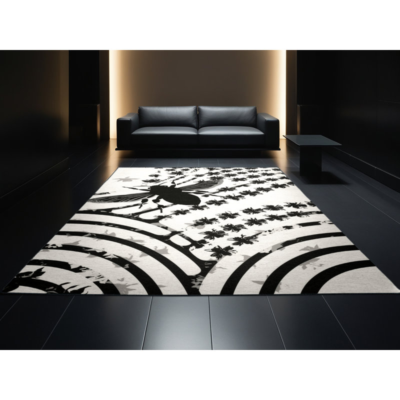 Machine Washable Osckar Bee Modern Arc Rug in Gray – Black Binding, 6x9