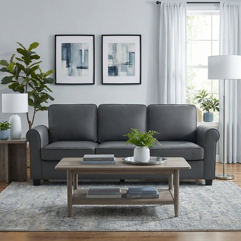 83" W 3 Seater Upholstered Sofa Faux Leather Rolled Arms Couch Mid Century Modern, Gray