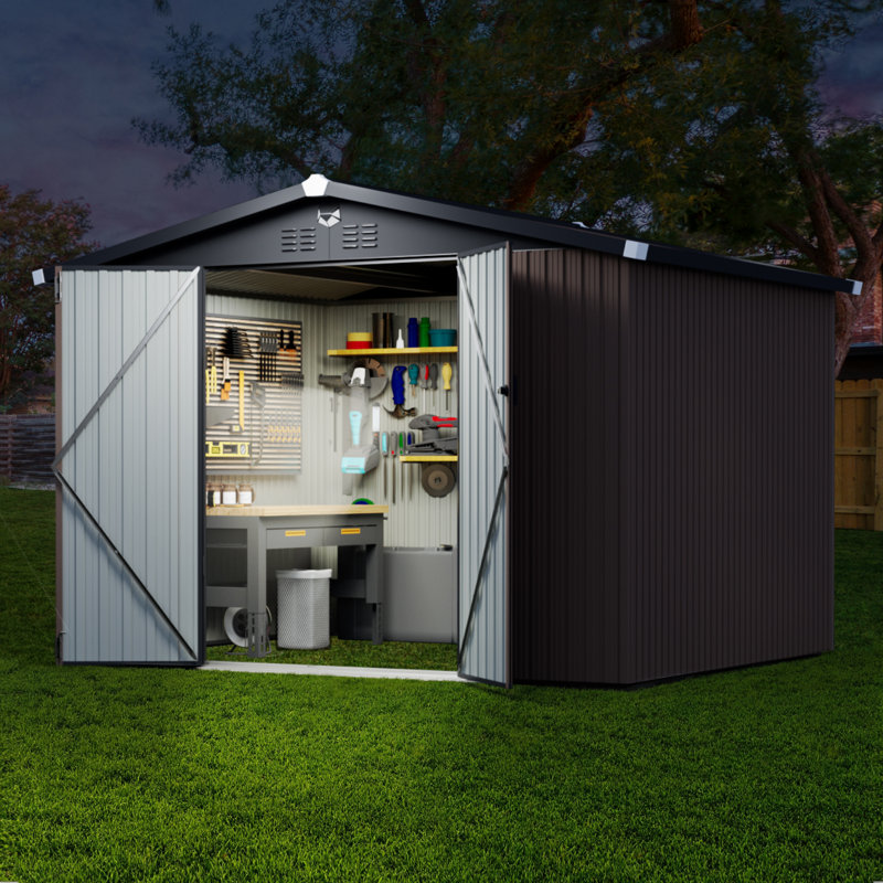 10 Ft. W x 8 Ft. D Galvanized Steel Frame Metal Storage Shed with Dual Lighting (Solar & Handheld) - Brown, Brown