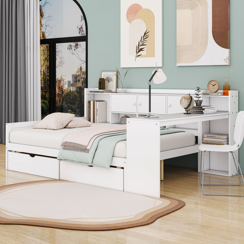 Wooden Daybed with Cabinets, Desk and Drawers, White, Full / Double