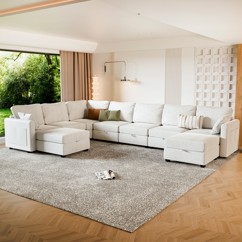 158.6’’ Wide U-Shaped Modular Sectional Sofa Couch With Storage Ottoman, Beige Chenille