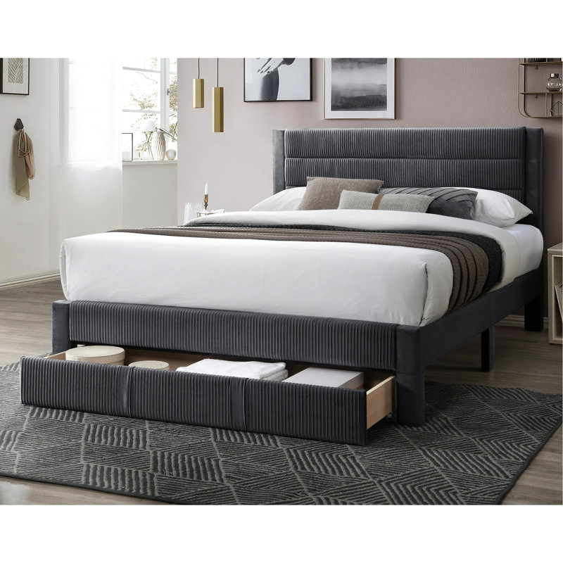 Grand lit moderne - Tête de lit en velours côtelé gris anthracite et plateforme de rangement sous le lit avec coffre pratique