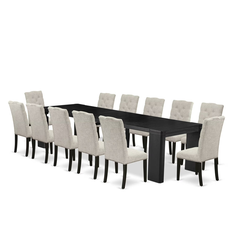 Ensemble de table de salle à manger 13 pièces Modern, Fil noir brossé, Daim, 13 pièces: table, 12 chaises de salle à manger