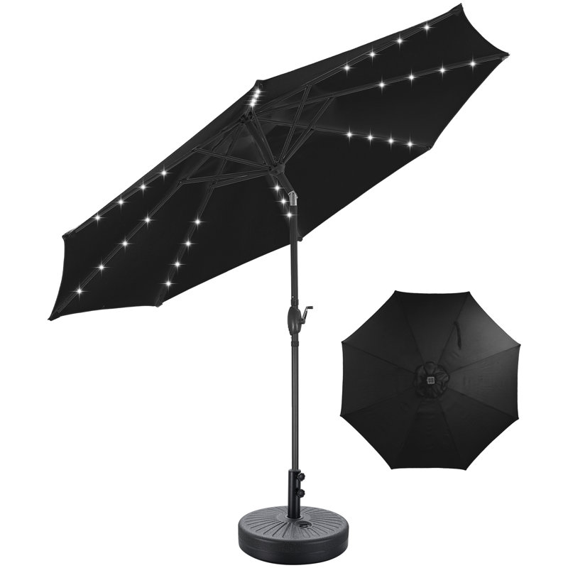 Parasol de marché illuminé 10 pi avec plage 8 côtes, Noir